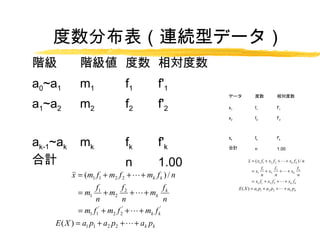 ֲBAͥǩ`
A          A  
a0~a1       m1              f1            f'1
                                                 ǩ`                       

a1~a2       m2              f2            f'2    x1             f1           f'1

                                                 x2             f2           f'2




ak-1~ak     mk              fk            f'k
                                                 xk             fk           f'k

                                                 Ӌ             n            1.00


Ӌ                          n             1.00        x = ( x1 f1 + x2 f 2 + ? + xk f k ) / n
                                                              f1         f               f
                                                       x1
                                                         =       + x2 2 + ? + x k k
    x = (m1 f1 + m2 f 2 + ? + mk f k ) / n                  n          n               n
                                                       x1 f1' + x2 f 2' + ? + xk f k'
                                                         =
            f1         f               f              E ( X ) = a1 p1 + a2 p2 + ? + ak pk
     m1
       =       + m2 2 + ? + mk k
            n          n               n
     m1 f1' + m2 f 2' + ? + mk f k'
       =
    E ( X ) = a1 p1 + a2 p2 + ? + ak pk
 