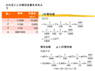 Ταڴ~


x    _        x          Xڴ
                 (x)
                             E( X )
     1/1000     10,000

                                    1         1        1     889
      1/100       5,000      = 1       + 2     + 3 + 4 
                                  1000       100      10    1000
      1/10        100
                                 1       2    3       889
4    889/1000           0    =       +      + + 4
                               1000 100 10           1000
                               3877
                             =        = 3.877
                               1000

                            ڴ~? ( X )ڴ
                            E (? ( X ))
                                        1              1            1          889
                            = ? (1)       + ? ( 2)      + ? (3)  + ? (4) 
                                      1000            100          10         1000
                                          1               1            1      889
                            = 10,000         + 5,000        + 100  + 0 
                                        1000             100          10     1000
                            10 + 50 + 10 + 0 = 70
 