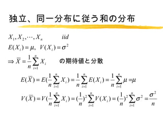 ͬһֲˏͤηֲ
X 1 , X 2 ,?, X n iid
E( X i ) = ?, V ( X i ) =  2
     1 n
? X =  X i ڴȷɢ
     n i =1
               1 n       1 n           1 n
E ( X ) = E (  X i ) =  E ( X i ) =  ? =?
               n i =1    n i =1        n i =1
               1 n         1 2 n             1 2 n 2 2
V ( X ) = V (  X i ) = ( )  V ( X i ) = ( )   =
               n i =1      n i =1            n i =1   n
 