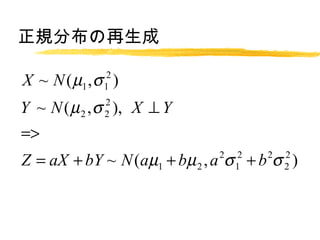 Ҏֲ

X ~ N ( ?1 ,  )
             2
             1

Y ~ N ( ? 2 ,  ), X  Y
             2
             2

=>
Z = aX + bY ~ N (a?1 + b? 2 , a  + b  )
                             2   2
                                 1
                                     2   2
                                         2
 
