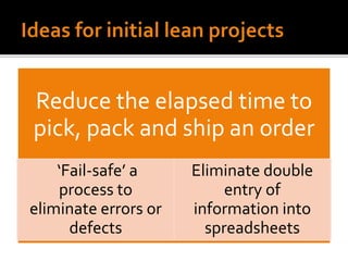 Reduce the elapsed time to
pick, pack and ship an order
‘Fail-safe’ a
process to
eliminate errors or
defects
Eliminate double
entry of
information into
spreadsheets
 