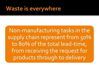 Non-manufacturing tasks in the
supply chain represent from 50%
to 80% of the total lead-time,
from receiving the request for
products through to delivery
 