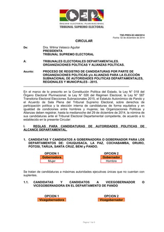 TSE-PRES-SC-060/2014 
Fecha: 02 de diciembre de 2014 
CIRCULAR 
De: Dra. Wilma Velasco Aguilar 
PRESIDENTA 
TRIBUNAL SUPREMO ELECTORAL 
A: TRIBUNALES ELECTORALES DEPARTAMENTALES. 
ORGANIZACIONES POLÍTICAS Y ALIANZAS POLÍTICAS. 
Asunto: PROCESO DE REGISTRO DE CANDIDATURAS POR PARTE DE 
ORGANIZACIONES POLITICAS y/o ALIANZAS PARA LA ELECCIÓN 
SUBNACIONAL DE AUTORIDADES POLITICAS DEPARTAMENTALES, 
REGIONALES Y MUNICIPALES - 2015. 
_____________________________________________________________________ 
En el marco de lo prescrito en la Constitución Política del Estado, la Ley N° 018 del 
Órgano Electoral Plurinacional; la Ley N° 026 del Régimen Electoral, la Ley N° 587 
Transitoria Electoral Elecciones Subnacionales 2015, el Estatuto Autonómico de Pando y 
el Acuerdo de Sala Plena del Tribunal Supremo Electoral, sobre derechos de 
participación política y la elección interna de candidaturas de forma equitativa y en 
igualdad de condiciones entre hombres y mujeres; las Organizaciones Políticas y 
Alianzas deben registrar, hasta la medianoche del 29 de diciembre de 2014, la nómina de 
sus candidaturas ante el Tribunal Electoral Departamental competente, de acuerdo a lo 
establecido en la presente Circular: 
I. REGLAS PARA CANDIDATURAS DE AUTORIDADES POLITICAS DE 
ALCANCE DEPARTAMENTAL. 
1. CANDIDATAS Y CANDIDATOS A GOBERNADORA O GOBERNADOR PARA LOS 
DEPARTAMENTOS DE: CHUQUISACA, LA PAZ, COCHABAMBA, ORURO, 
POTOSI, TARIJA, SANTA CRUZ, BENI y PANDO. 
OPCION 1 
Gobernadora 
Mujer 
OPCION 2 
Gobernador 
Hombre 
Se tratan de candidaturas a máximas autoridades ejecutivas únicas que no cuentan con 
suplentes. 
1.1. CANDIDATAS Y CANDIDATOS A VICEGOBERNADOR O 
VICEGOBERNADORA EN EL DEPARTAMENTO DE PANDO 
OPCION 1 
Vicegobernadora 
OPCION 2 
Vicegobernador 
Página 1 de 9 
 