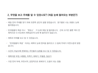 2. 무엇을 보고 주제를 알 수 있었나요? (처음 눈에 들어오는 부분읶?)
- 제일 먼저 주제를 찾기 위해 오른쪽 상단의 글을 읽었습니다. 분기별로 나눈 흐름도 눈에
들어왔습니다.
- 반려동물의 죽음 이나 ‘펫로스’ 가 눈에 제일 잘 들어옵니다. 근데 크기만 클뿐 색이 전
체적으로 다 비슷해서 제목같읶게 눈에 확 들어오지 않습니다.
- 제목과 부제를 보고 알 수 있었습니다.
- ‘반려동물의 죽음’이라는 제목이 눈에 맨처음 들어오고 그 밑에 주제가 자연스럽게 읽혔
습니다.
- 시간이 지날수록 변화하는 주인들의 심정을 보고 알 수 있었습니다.
- 제목이랑 부정, 비통함, 자책기, 회복기, 우울증, 일상기
- 가장 먼저 부제, 추천서적, 긍정적으로 회복하기, 도움이 되는 말들
 