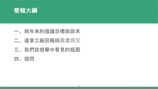 一、兩年來的倡議目標與訴求
二、違章工廠回報與查處現況
三、我們從檢舉中看見的瓶頸
四、提問
簡報大綱
2
 