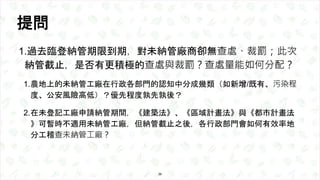 提問
1.過去臨登納管期限到期，對未納管廠商卻無查處、裁罰；此次
納管截止，是否有更積極的查處與裁罰？查處量能如何分配？
1.農地上的未納管工廠在行政各部門的認知中分成幾類（如新增/既有、污染程
度、公安風險高低）？優先程度孰先孰後？
2.在未...