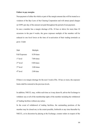 Failure to pay margins
Non-payment of either the whole or part of the margin amount due will be treated as a
violation of the Bye Laws of the Clearing Corporation and will attract penal charges
@ 0.09% per day of the amount not paid throughout the period of non-payment.
In case a member has a margin shortage of Rs. 10 lacs or above for more than 10
occasions in the past 4 weeks, the gross exposure multiple of the member will be
reduced to one level lower at the time of re-activation of their trading terminals as
giver. Under
Slab Multiple
Full Exposure 8.50 times
1st
level 7.00 times
2nd
level 5.00 times
3rd
level 3.00 times
4th
level 2.00 time
If there is no margin shortage for the next I week of Rs. 10 lacs or more, the exposure
limits shall be restored to the previous levels.
In addition, NSCCL may, within such time as it may deem fit, advise the Exchange to
withdraw any or all of the membership rights of the member including the withdrawal
of 'trading facilities without any notice.
In the event of withdrawal of trading facilities, the outstanding positions of the
member may be closed out, to the extent possible, forthwith or any time thereafter by
NSCCL, at its discretion by placing at the Exchange, counter orders in respect of the
64
 