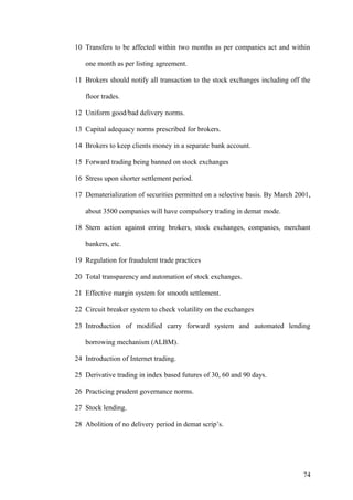 10 Transfers to be affected within two months as per companies act and within
one month as per listing agreement.
11 Brokers should notify all transaction to the stock exchanges including off the
floor trades.
12 Uniform good/bad delivery norms.
13 Capital adequacy norms prescribed for brokers.
14 Brokers to keep clients money in a separate bank account.
15 Forward trading being banned on stock exchanges
16 Stress upon shorter settlement period.
17 Dematerialization of securities permitted on a selective basis. By March 2001,
about 3500 companies will have compulsory trading in demat mode.
18 Stern action against erring brokers, stock exchanges, companies, merchant
bankers, etc.
19 Regulation for fraudulent trade practices
20 Total transparency and automation of stock exchanges.
21 Effective margin system for smooth settlement.
22 Circuit breaker system to check volatility on the exchanges
23 Introduction of modified carry forward system and automated lending
borrowing mechanism (ALBM).
24 Introduction of Internet trading.
25 Derivative trading in index based futures of 30, 60 and 90 days.
26 Practicing prudent governance norms.
27 Stock lending.
28 Abolition of no delivery period in demat scrip’s.
74
 