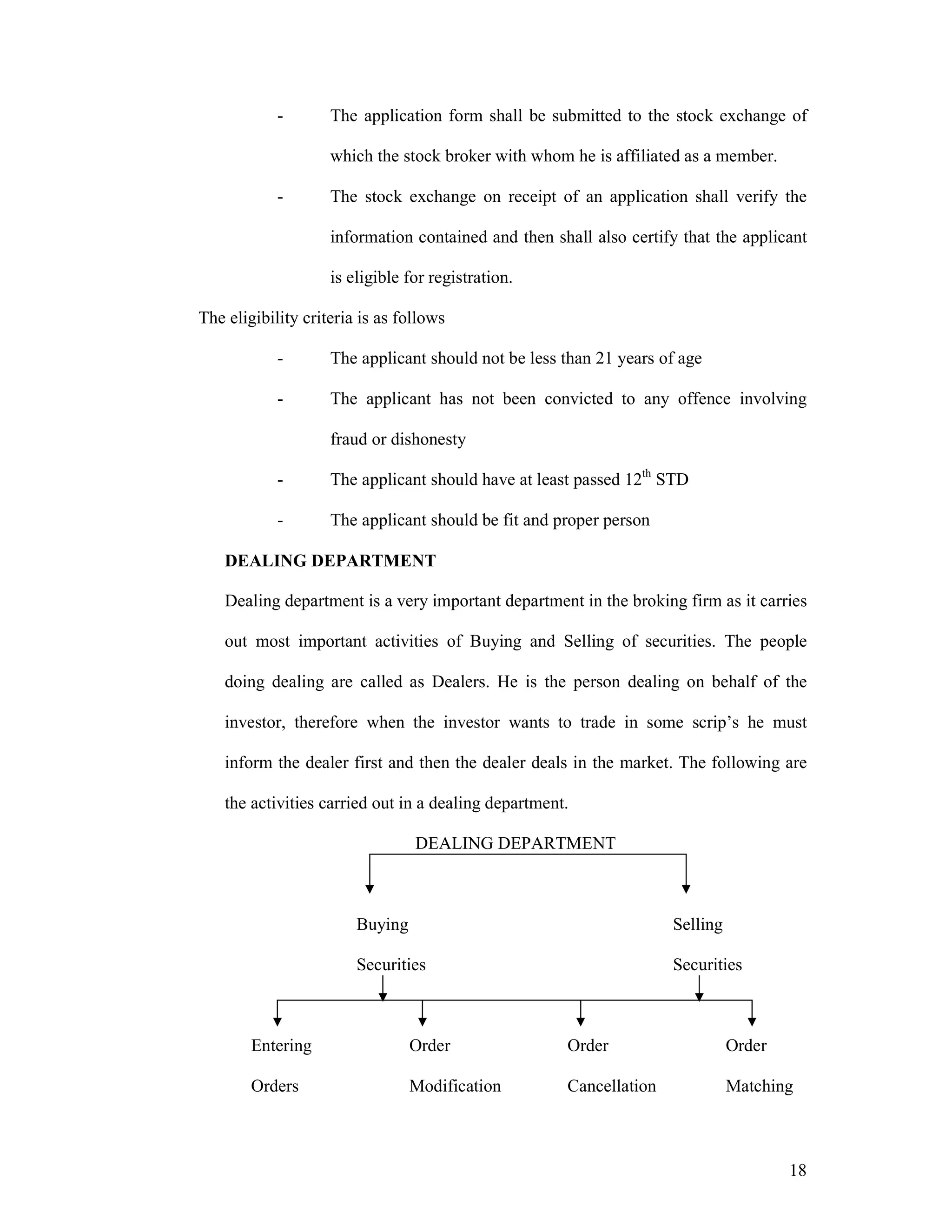 18
- The application form shall be submitted to the stock exchange of
which the stock broker with whom he is affiliated as a member.
- The stock exchange on receipt of an application shall verify the
information contained and then shall also certify that the applicant
is eligible for registration.
The eligibility criteria is as follows
- The applicant should not be less than 21 years of age
- The applicant has not been convicted to any offence involving
fraud or dishonesty
- The applicant should have at least passed 12th
STD
- The applicant should be fit and proper person
DEALING DEPARTMENT
Dealing department is a very important department in the broking firm as it carries
out most important activities of Buying and Selling of securities. The people
doing dealing are called as Dealers. He is the person dealing on behalf of the
investor, therefore when the investor wants to trade in some scrip’s he must
inform the dealer first and then the dealer deals in the market. The following are
the activities carried out in a dealing department.
DEALING DEPARTMENT
Buying Selling
Securities Securities
Entering Order Order Order
Orders Modification Cancellation Matching
 