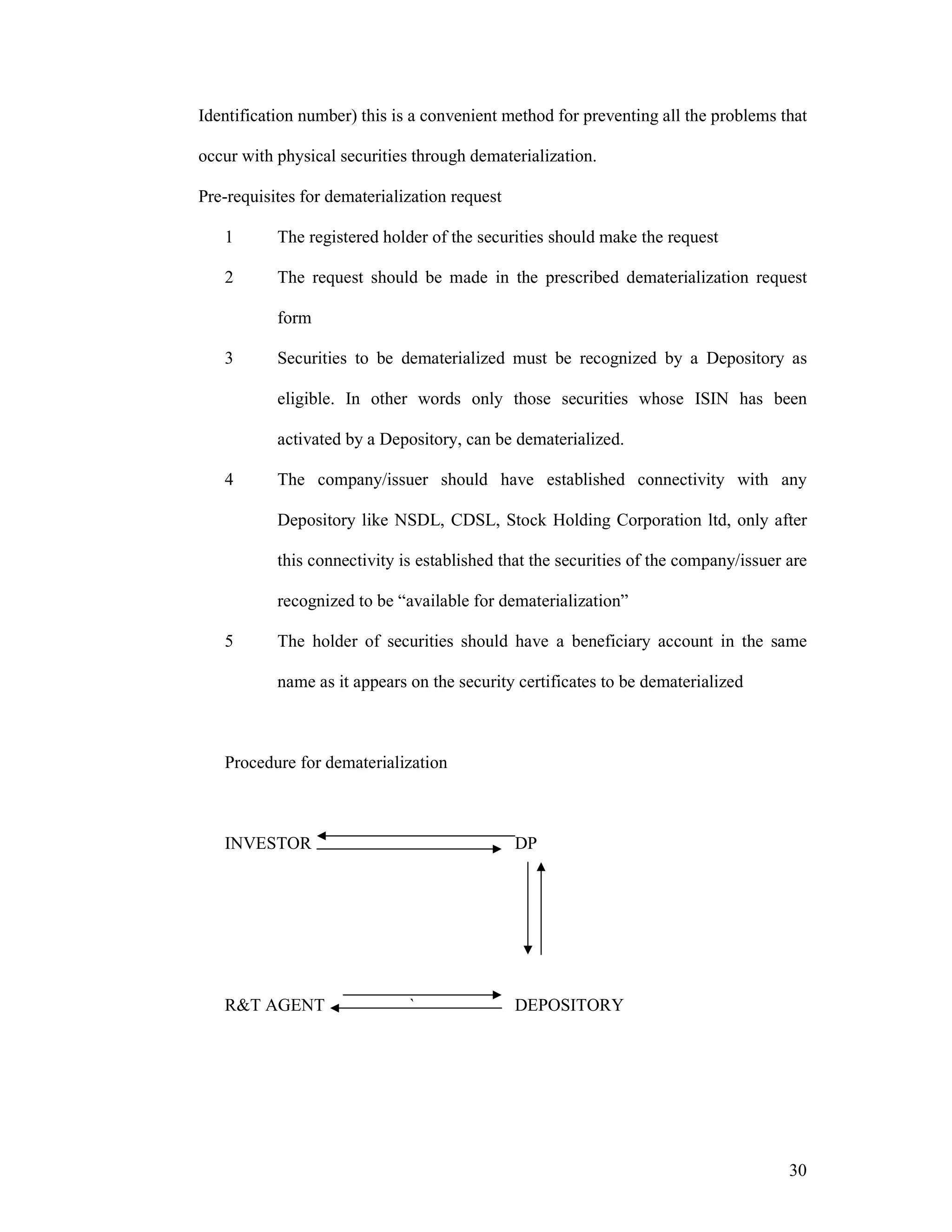 30
Identification number) this is a convenient method for preventing all the problems that
occur with physical securities through dematerialization.
Pre-requisites for dematerialization request
1 The registered holder of the securities should make the request
2 The request should be made in the prescribed dematerialization request
form
3 Securities to be dematerialized must be recognized by a Depository as
eligible. In other words only those securities whose ISIN has been
activated by a Depository, can be dematerialized.
4 The company/issuer should have established connectivity with any
Depository like NSDL, CDSL, Stock Holding Corporation ltd, only after
this connectivity is established that the securities of the company/issuer are
recognized to be “available for dematerialization”
5 The holder of securities should have a beneficiary account in the same
name as it appears on the security certificates to be dematerialized
Procedure for dematerialization
INVESTOR DP
R&T AGENT ` DEPOSITORY
 