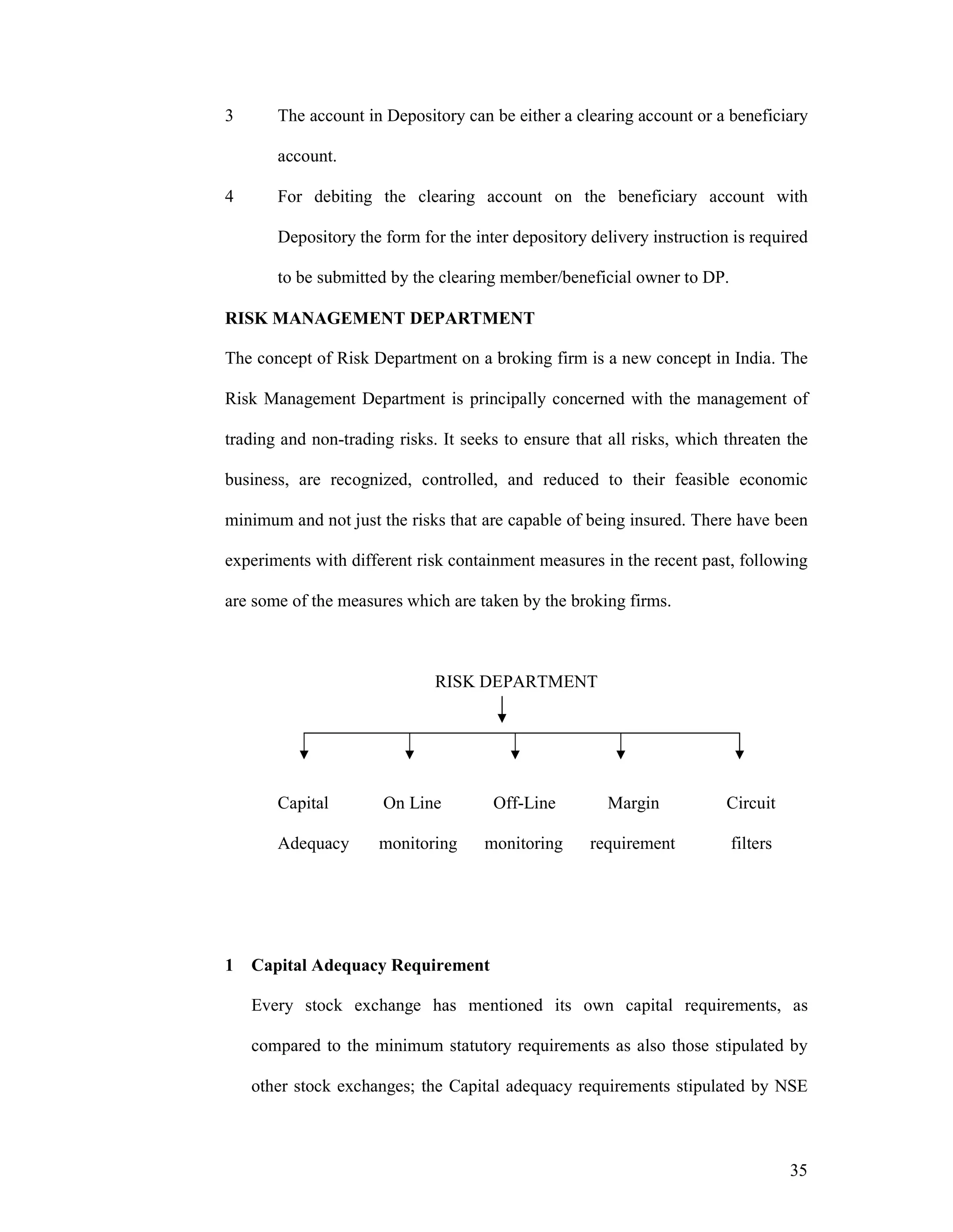 35
3 The account in Depository can be either a clearing account or a beneficiary
account.
4 For debiting the clearing account on the beneficiary account with
Depository the form for the inter depository delivery instruction is required
to be submitted by the clearing member/beneficial owner to DP.
RISK MANAGEMENT DEPARTMENT
The concept of Risk Department on a broking firm is a new concept in India. The
Risk Management Department is principally concerned with the management of
trading and non-trading risks. It seeks to ensure that all risks, which threaten the
business, are recognized, controlled, and reduced to their feasible economic
minimum and not just the risks that are capable of being insured. There have been
experiments with different risk containment measures in the recent past, following
are some of the measures which are taken by the broking firms.
RISK DEPARTMENT
Capital On Line Off-Line Margin Circuit
Adequacy monitoring monitoring requirement filters
1 Capital Adequacy Requirement
Every stock exchange has mentioned its own capital requirements, as
compared to the minimum statutory requirements as also those stipulated by
other stock exchanges; the Capital adequacy requirements stipulated by NSE
 
