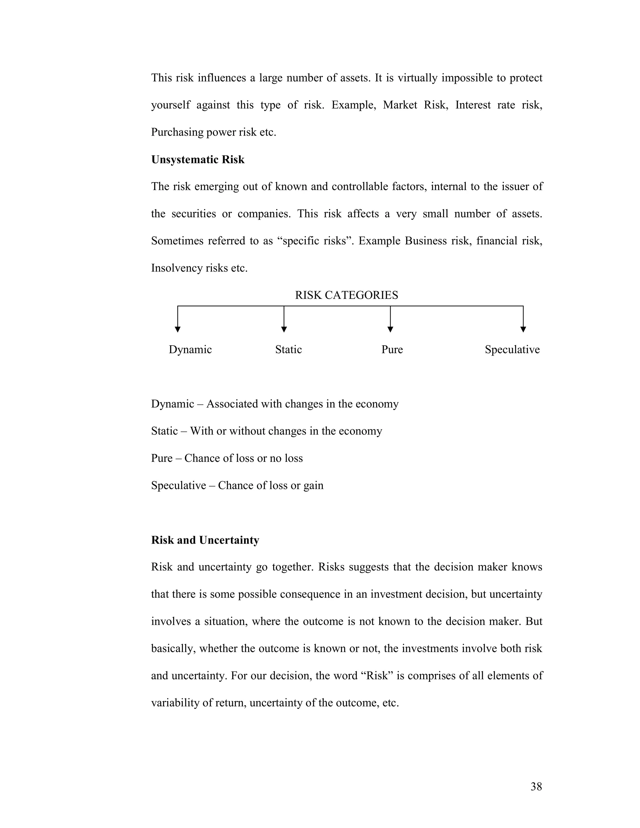 38
This risk influences a large number of assets. It is virtually impossible to protect
yourself against this type of risk. Example, Market Risk, Interest rate risk,
Purchasing power risk etc.
Unsystematic Risk
The risk emerging out of known and controllable factors, internal to the issuer of
the securities or companies. This risk affects a very small number of assets.
Sometimes referred to as “specific risks”. Example Business risk, financial risk,
Insolvency risks etc.
RISK CATEGORIES
Dynamic Static Pure Speculative
Dynamic – Associated with changes in the economy
Static – With or without changes in the economy
Pure – Chance of loss or no loss
Speculative – Chance of loss or gain
Risk and Uncertainty
Risk and uncertainty go together. Risks suggests that the decision maker knows
that there is some possible consequence in an investment decision, but uncertainty
involves a situation, where the outcome is not known to the decision maker. But
basically, whether the outcome is known or not, the investments involve both risk
and uncertainty. For our decision, the word “Risk” is comprises of all elements of
variability of return, uncertainty of the outcome, etc.
 