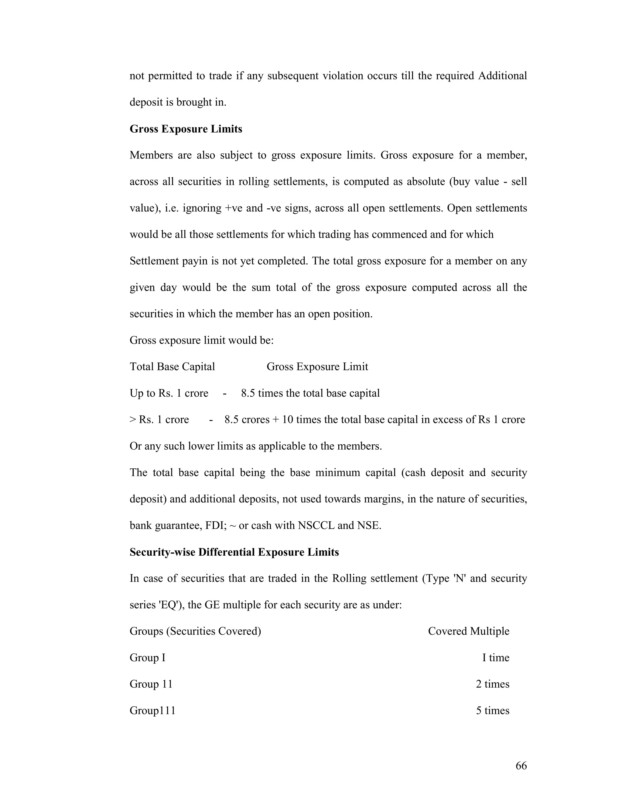 66
not permitted to trade if any subsequent violation occurs till the required Additional
deposit is brought in.
Gross Exposure Limits
Members are also subject to gross exposure limits. Gross exposure for a member,
across all securities in rolling settlements, is computed as absolute (buy value - sell
value), i.e. ignoring +ve and -ve signs, across all open settlements. Open settlements
would be all those settlements for which trading has commenced and for which
Settlement payin is not yet completed. The total gross exposure for a member on any
given day would be the sum total of the gross exposure computed across all the
securities in which the member has an open position.
Gross exposure limit would be:
Total Base Capital Gross Exposure Limit
Up to Rs. 1 crore - 8.5 times the total base capital
> Rs. 1 crore - 8.5 crores + 10 times the total base capital in excess of Rs 1 crore
Or any such lower limits as applicable to the members.
The total base capital being the base minimum capital (cash deposit and security
deposit) and additional deposits, not used towards margins, in the nature of securities,
bank guarantee, FDI; ~ or cash with NSCCL and NSE.
Security-wise Differential Exposure Limits
In case of securities that are traded in the Rolling settlement (Type 'N' and security
series 'EQ'), the GE multiple for each security are as under:
Groups (Securities Covered) Covered Multiple
Group I I time
Group 11 2 times
Group111 5 times
 
