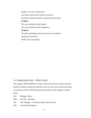Quality is our most valued asset.
Innovation today ensures business tomorrow.
Customer orientation inspires customers and associates.
Be Better
We want continuous improvement.
We want to better than our competitors.
Be Bosch
We offer outstanding products and services worldwide.
We keep our promises.
Profit secures our growth.
3.11 ORGANIZATION STRUCTURE
The company (MICO BOSCH, NA) has a functional structure with the technical
head (TL) and the commercial head (KL) at the top. The various functional heads
are reporting to them. The brief organization structure of the company is shown
below:
SAF : Manager- Safety
PER : Dy. GM – personnel.
CIP : Asst. Manager – continuous improvement process.
CRI : Common Rail Injector
21
 