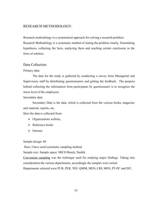 RESEARCH METHODOLOGY:
Research methodology is a systematical approach for solving a research problem.
Research Methodology is a systematic method of stating the problem clearly, formulating
hypothesis, collecting the facts, analyzing them and reaching certain conclusion in the
form of solution.
Data Collection:
Primary data:
The data for the study is gathered by conducting a survey from Managerial and
Supervisory staff by distributing questionnaires and getting the feedback. The purpose
behind collecting the information from participants by questionnaire is to recognize the
stress level of the employees.
Secondary data:
Secondary Data is the data, which is collected from the various books, magazine
and material, reports, etc.
Here the data is collected from-
 Organizations website,
 Reference books
 Internet.
Sample design: 86
Here, I have used systematic sampling method.
Sample size: Sample space: MICO Bosch, Nashik
Convenient sampling was the technique used for studying major findings. Taking into
consideration the various departments, accordingly the samples were sorted.
Departments selected were PUR, PER, TEF, QMM, MEN, CRI, MFH, PT-PC and ISY.
35
 