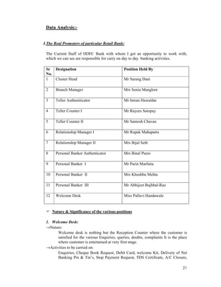21
Data Analysis:-
I.The Real Promoters of particular Retail Bank:
The Current Staff of HDFC Bank with whom I got an opportunity to work with;
which we can see are responsible for carry on day to day banking activities.
Sr
No.
Designation Position Held By
1 Cluster Head Mr Sarang Dani
2 Branch Manager Mrs Sonia Manglore
3 Teller Autheniticator Mr Imran Hawaldar
4 Teller Counter I Mr Rayees Satopay
5 Teller Counter II Mr Santosh Chavan
6 Relationship Manager I Mr Rupak Mahapatra
7 Relationship Manager II Mrs Bijal Seth
8 Personal Banker Authenticator Mrs Binal Purav
9 Personal Banker I Mr Parin Marfatia
10 Personal Banker II Mrs Khushbu Mehta
11 Personal Banker III Mr Abhijeet Bujhbal-Rao
12 Welcome Desk Miss Pallavi Handawale
Nature & Significance of the various positions
1. Welcome Desk:
→Nature:
Welcome desk is nothing but the Reception Counter where the customer is
satisfied for the various Enquiries, queries, doubts, complaints It is the place
where customer is entertained at very first stage.
→Activities to be carried on:
Enquiries, Cheque Book Request, Debit Card, welcome Kit, Delivery of Net
Banking Pin & Tin’s, Stop Payment Request, TDS Certificate, A/C Closure,
 