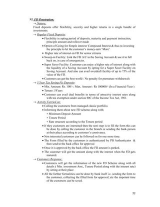 32
VI. FD Penetration:
→ Nature:
Fixed deposits offer flexibility, security and higher returns in a single bundle of
investments.
→ Regular Fixed Deposits:
• Flexibility in opting period of deposits, maturity and payment instruction,
principle amount and rollover made
• Option of Going for Simple interest/ Compound Interest & thus re-investing
the principle to let the customer’s money earn ‘More’
• Higher rate of interest on FD for senior citizens
• Sweep-in Facility: Link the FD A/C to the Saving Account & use it to fall
back on, in case of emergencies.
• Super Saver Facility: Customer can enjoy a higher rate of interest along with
the liquidity of a Saving Account by opting for a Super Saver Facility on
Saving Account. And also can avail overdraft facility of up to 75% of the
value of the FD.
• Customer can get the best world : No penalty for premature withdrawals
→ 5 Year Tax Saving Fix Deposits:
• Min. Amount: Rs. 100/- ; Max. Amount : Rs 100000/- (In a Financial Year )
• Tenure: 5Years
• Customer can avail dual benefits in terms of attractive interest rates along
with tax exemption under section 80C of the Income Tax Act, 1961.
→ Activity Carried on:
• Calling the customers from managed classic portfolio.
• Informing them about new FD scheme along with;
∗ Minimum Deposit Amount
∗ Tenure Period
∗ Rate structure according to the Tenure period
• If they customers are interested then the next step is to fill the form this can
be done by calling the customer in the branch or sending the bank person
at their place according to customer’s connivance.
• Non interested customers can be followed on for one more time.
• The Form filled by the customers is authenticated by PB Authenticator &
then send to the back office for approval
• Once it is approved by the back office the FD amount is parked.
• The customer will get the amount along with the interest when the FD gets
matured.
→ Customers Response:
• Customers will get the information of the new FD Scheme along with all
details ( Min. investment Amt., Tenure Period along with the interest rate)
by sitting at their place
• All the further formalities can be done by bank itself i.e. sending the form to
the customer, collecting the filled form for approval; etc the impotant time
of the customers can be saved.
 