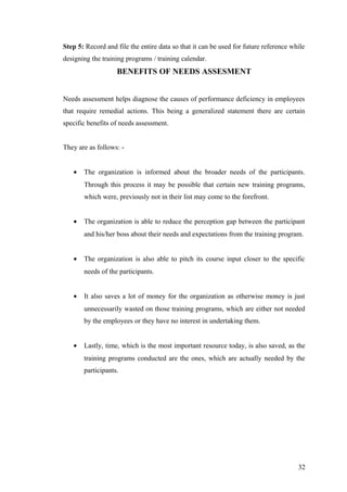 Step 5: Record and file the entire data so that it can be used for future reference while
designing the training programs / training calendar.
BENEFITS OF NEEDS ASSESMENT
Needs assessment helps diagnose the causes of performance deficiency in employees
that require remedial actions. This being a generalized statement there are certain
specific benefits of needs assessment.
They are as follows: -
• The organization is informed about the broader needs of the participants.
Through this process it may be possible that certain new training programs,
which were, previously not in their list may come to the forefront.
• The organization is able to reduce the perception gap between the participant
and his/her boss about their needs and expectations from the training program.
• The organization is also able to pitch its course input closer to the specific
needs of the participants.
• It also saves a lot of money for the organization as otherwise money is just
unnecessarily wasted on those training programs, which are either not needed
by the employees or they have no interest in undertaking them.
• Lastly, time, which is the most important resource today, is also saved, as the
training programs conducted are the ones, which are actually needed by the
participants.
32
 