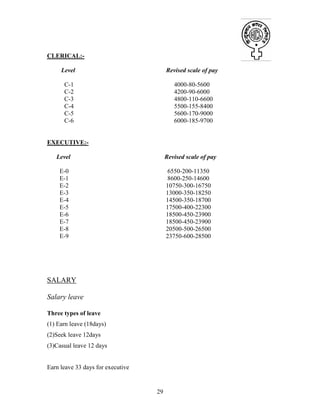 29
CLERICAL:-
Level Revised scale of pay
C-1 4000-80-5600
C-2 4200-90-6000
C-3 4800-110-6600
C-4 5500-155-8400
C-5 5600-170-9000
C-6 6000-185-9700
EXECUTIVE:-
Level Revised scale of pay
E-0 6550-200-11350
E-1 8600-250-14600
E-2 10750-300-16750
E-3 13000-350-18250
E-4 14500-350-18700
E-5 17500-400-22300
E-6 18500-450-23900
E-7 18500-450-23900
E-8 20500-500-26500
E-9 23750-600-28500
SALARY
Salary leave
Three types of leave
(1) Earn leave (18days)
(2)Seek leave 12days
(3)Casual leave 12 days
Earn leave 33 days for executive
 