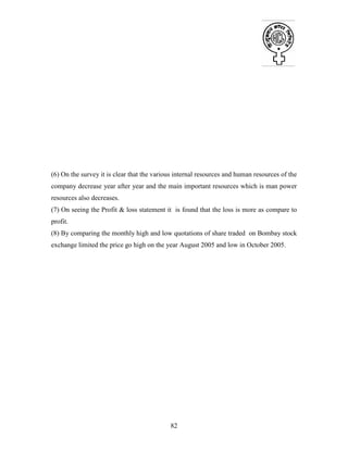 82
(6) On the survey it is clear that the various internal resources and human resources of the
company decrease year after year and the main important resources which is man power
resources also decreases.
(7) On seeing the Profit & loss statement it is found that the loss is more as compare to
profit.
(8) By comparing the monthly high and low quotations of share traded on Bombay stock
exchange limited the price go high on the year August 2005 and low in October 2005.
 