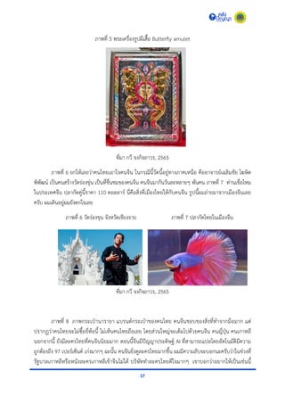 37
ภำพที่ 5 พระเครื่องรูปผีเสื้อ Butterfly amulet
ที่มำ กวี จงกิจถำวร, 2565
ภำพที่ 6 ยกให้เลยว่ำคนไทยเอำใจคนจีน ในกรณีนี้วัดนี้อยู่ทำงภำคเหนือ คืออำจำรย์เฉลิมชัย โฆษิต
พิพัฒน์ เป็นคนสร้ำงวัดร่องขุ่น เป็นที่ชื่นชมของคนจีน คนจีนมำกันวันละหลำยๆ พันคน ภำพที่ 7 ท่ำนเชื่อไหม
ในประเทศจีน ปลำกัดคู่นี้รำคำ 110 ดอลลำร์ นี่คือสิ่งที่เมืองไทยให้กับคนจีน รูปนี้ผมถ่ำยมำจำกเมืองจีนเลย
ครับ ผมเดินอยู่ผมยังตกใจเลย
ภำพที่ 6 วัดร่องขุน จังหวัดเชียงรำย ภำพที่ 7 ปลำกัดไทยในเมืองจีน
ที่มำ กวี จงกิจถำวร, 2565
ภำพที่ 8 ภำพกระเป๋ำนำรำยำ แบรนด์กระเป๋ำของคนไทย คนจีนชอบของสิ่งที่ทำจำกมือมำก แต่
ปรำกฏว่ำคนไทยจะไม่ซื้อยี่ห้อนี้ ไม่เห็นคนไทยถือเลย โดยส่วนใหญ่จะเต็มไปด้วยคนจีน คนญี่ปุ่น คนเกำหลี
นอกจำกนี้ ยังมีละครไทยที่คนจีนนิยมมำก ตอนนี้จีนมีปัญญำประดิษฐ์ AI ที่สำมำรถแปลโดยอัตโนมัติมีควำม
ถูกต้องถึง 97 เปอร์เซ็นต์ เก่งมำกๆ ฉะนั้น คนจีนยิ่งดูละครไทยมำกขึ้น ผมมีควำมลับจะบอกนะครับว่ำในช่วงที่
รัฐบำลเกำหลีหรือหนังละครเกำหลีเข้ำจีนไม่ได้ บริษัททำละครไทยดีใจมำกๆ เขำบอกว่ำอยำกให้เป็นเช่นนี้
 