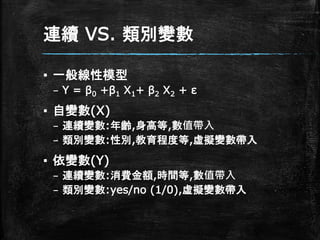 連續 VS. 類別變數
▪ 一般線性模型
– Y = β0 +β1 X1+ β2 X2 + ε
▪ 自變數(X)
– 連續變數:年齡,身高等,數值帶入
– 類別變數:性別,教育程度等,虛擬變數帶入
▪ 依變數(Y)
– 連續變數:消費金額,時間等,數值帶入
– 類別變數:yes/no (1/0),虛擬變數帶入
 