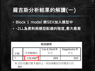 羅吉斯分析結果的解讀(一)
▪ Block 1 model 將SEX加入模型中
▪ -2LL為資料與模型配適的程度,愈大愈差
 