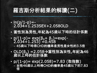 羅吉斯分析結果的解讀(二)
▪ ln(p/1-p)=-
2.034+1.253SEX+2.058OLD
▪ 當性別為男性,年紀為45歲以下時的估計係數
▪ p/(1-p)= exp(β0+ β1)=exp(-
2.034+1.253) =0.458
– 45歲以下時得CHD的機率是男性是女性的3.5倍
▪ OLD(β2) =2.058當性別為女性,年紀為46
歲以上時的估計係數
▪ p/(1-p)= exp(2.058)=7.83 (取指數)
– 女性46歲以上時得CHD的機率是45歲以下的7.83
倍
 