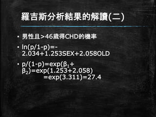 羅吉斯分析結果的解讀(二)
▪ 男性且>46歲得CHD的機率
▪ ln(p/1-p)=-
2.034+1.253SEX+2.058OLD
▪ p/(1-p)=exp(β1+
β2)=exp(1.253+2.058)
=exp(3.311)=27.4
 