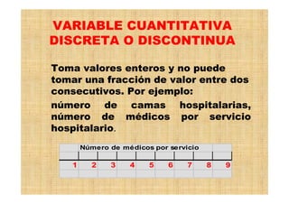 VARIABLE CUANTITATIVA
DISCRETA O DISCONTINUA
Toma valores enteros y no puede
tomar una fracción de valor entre dos
consecutivos. Por ejemplo:
número de camas hospitalarias,
número de médicos por servicio
hospitalario.
Número de médicos por servicio
1 2 3 4 5 6 7 8 9
 