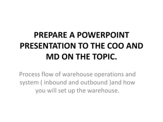 PREPARE A POWERPOINT
PRESENTATION TO THE COO AND
MD ON THE TOPIC.
Process flow of warehouse operations and
system ( inbound and outbound )and how
you will set up the warehouse.
 