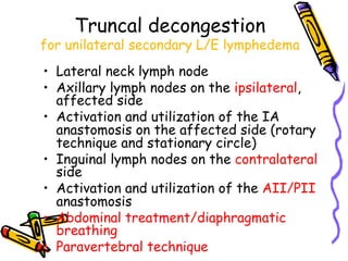 Truncal decongestion
for unilateral secondary L/E lymphedema
•  Lateral neck lymph node
•  Axillary lymph nodes on the ipsilateral,
affected side
•  Activation and utilization of the IA
anastomosis on the affected side (rotary
technique and stationary circle)
•  Inguinal lymph nodes on the contralateral
side
•  Activation and utilization of the AII/PII
anastomosis
•  Abdominal treatment/diaphragmatic
breathing
•  Paravertebral technique
 