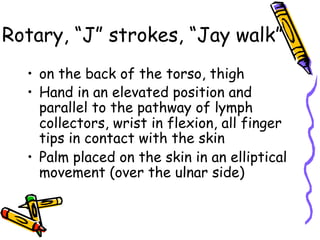 Rotary, “J” strokes, “Jay walk”
•  on the back of the torso, thigh
•  Hand in an elevated position and
parallel to the pathway of lymph
collectors, wrist in flexion, all finger
tips in contact with the skin
•  Palm placed on the skin in an elliptical
movement (over the ulnar side)
 