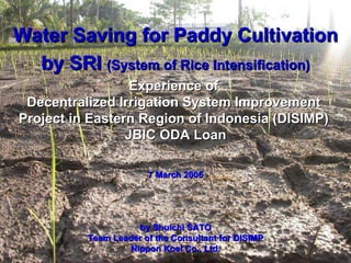 Water Saving for Paddy Cultivation by SRI   (System of Rice Intensification) Experience of  Decentralized Irrigation System Improvement  Project in Eastern Region of Indonesia (DISIMP)  JBIC ODA Loan 7 March 2006 by Shuichi SATO Team Leader of the Consultant for DISIMP Nippon Koei Co., Ltd. 