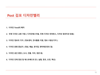 Post 김포 디자인밸리
1. 디자인 Trend의 메카
2. 국제 디자인 교류 거점 ( 디자인페스티벌, 국제 디자인 컨퍼런스, 디자인 컴피티션 등등)
3. 디자인 정보의 기지 ( 정보센터, 전시활동 지원, 정보 수발신기지 )
4. 디자인 문화 중심지 ( 영상, 예술, 뮤지엄, 엔터테인먼트 등)
5. 디자인 공간 환경 ( 도시, 건물, 거리, 경관 등)
6. 디자인 인재 양성 및 테스트베드의 장 ( 실험, 창조, 도전, 혁신)
18
 