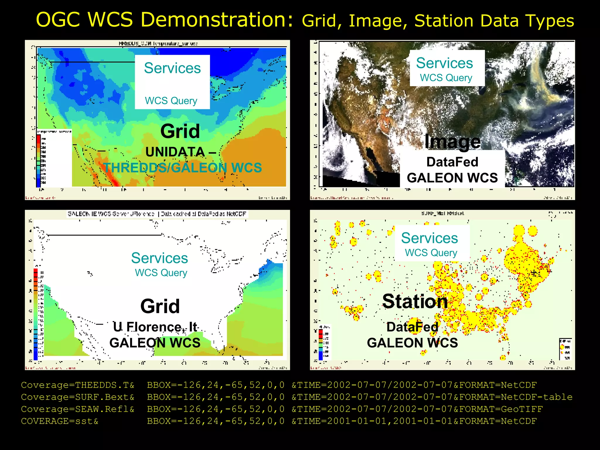 OGC WCS Demonstration:  Grid, Image, Station Data Types Coverage=THEEDDS.T&  BBOX=-126,24,-65,52,0,0 &TIME=2002-07-07/2002-07-07&FORMAT=NetCDF Coverage=SURF.Bext&  BBOX=-126,24,-65,52,0,0 &TIME=2002-07-07/2002-07-07&FORMAT=NetCDF-table Coverage=SEAW.Refl&  BBOX=-126,24,-65,52,0,0 &TIME=2002-07-07/2002-07-07&FORMAT=GeoTIFF COVERAGE=sst&  BBOX=-126,24,-65,52,0,0 &TIME=2001-01-01,2001-01-01&FORMAT=NetCDF UNIDATA –  THREDDS/GALEON WCS DataFed GALEON WCS U Florence, It GALEON WCS DataFed GALEON WCS Grid Grid Image Station Services                WCS Query  Services               WCS Query  Services               WCS Query  Services               WCS Query  