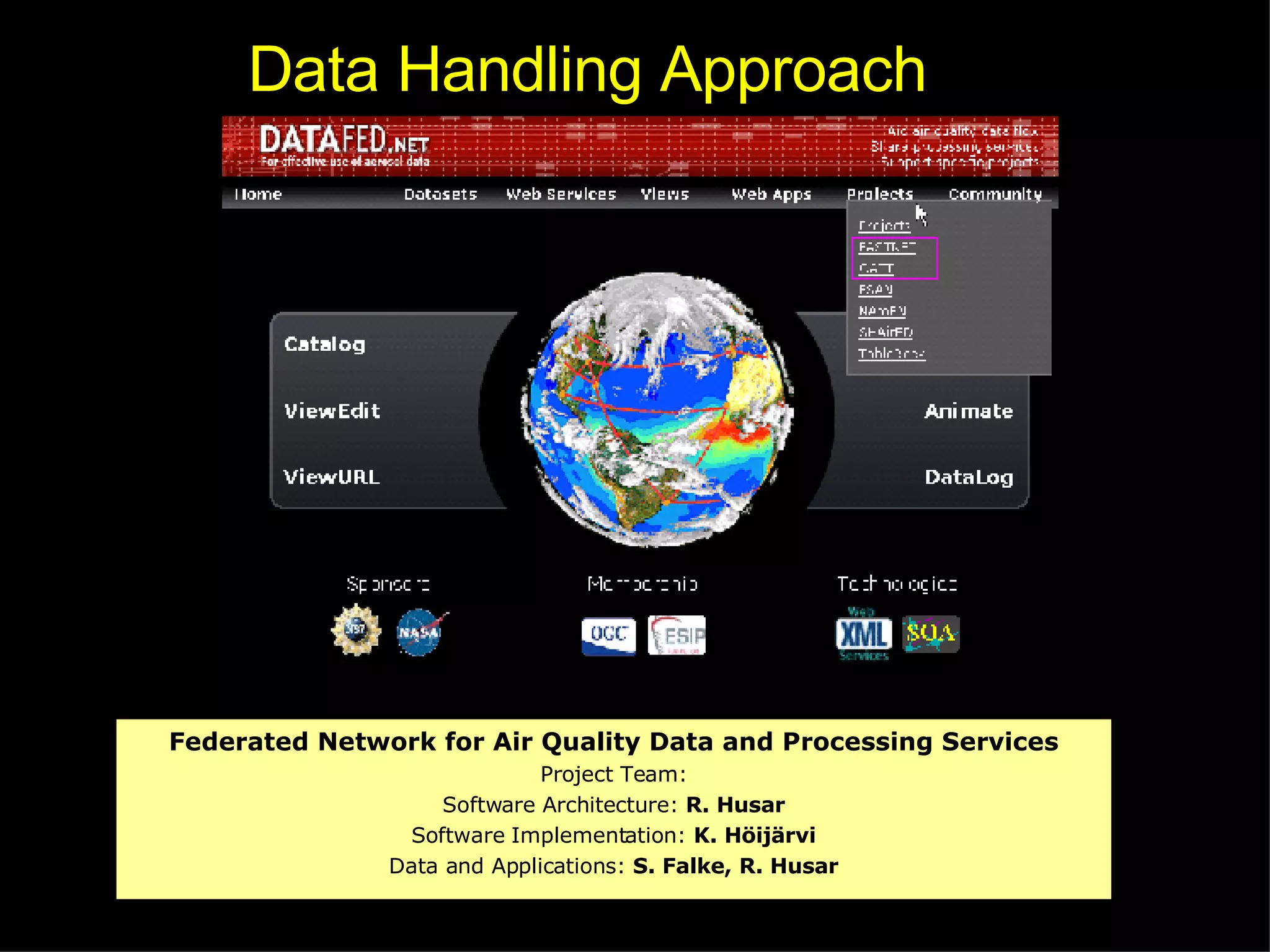 Federated Network for Air Quality Data and Processing Services Project Team: Software Architecture:  R. Husar Software Implementation:  K. Höijärvi Data and Applications:  S. Falke, R. Husar Data Handling Approach 