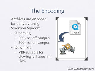 The Encoding Archives are encoded for delivery using Sorenson Squeeze Streaming 300k for off-campus 500k for on-campus Download VBR suitable for viewing full screen in class 