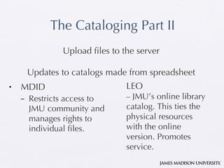 The Cataloging Part II MDID Restricts access to JMU community and manages rights to individual files.  LEO –  JMU’s online library catalog. This ties the physical resources with the online version. Promotes service. Upload files to the server Updates to catalogs made from spreadsheet 