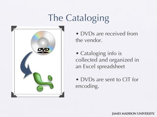 The Cata lo ging •  DVDs are received from the vendor. •  Cataloging info is collected and organized in an Excel spreadsheet •  DVDs are sent to CIT for encoding. 