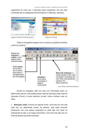 EAD UNITINS – INFORMÁTICA FORENSE - FUNDAMENTOS E PRÁTICAS JUDICIÁRIAS


organizá-las de modo que o internauta possa visualizá-las. Uns dos mais
conhecidos são os navegadores Internet Explorer e o Netscape, veja figura:




Imagem do Microsoft Internet Explorer                         Imagem do Netscape


         Todos os navegadores seguem em sua maioria um padrão de interface
conforme o desenho:




         Através do navegador, além dos sites com informações sobre um
determinado assunto, você poderá acessar salas de bate-papo (chat), listas de
discussão (Fórum) e correio eletrônico (e-mail). Vamos conhecer cada um
deles:


•   Bate-papo (chat): Funciona da seguinte forma: você entra em uma sala
onde tem um determinado número de pessoas, você pode conversar
diretamente com uma pessoa (reservado) ou pode falar com todos os
participantes da sala, é um espaço democrático, mas como toda sala, tem um
limite de pessoas que podem participar.




                                                                                                          25
 