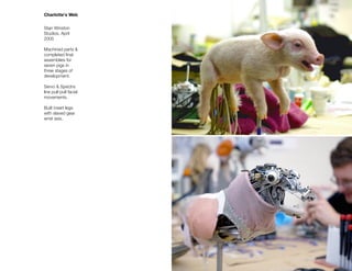Charlotte's Web


Stan Winston
Studios, April
2005

Machined parts &
completed ﬁnal
assemblies for
seven pigs in
three stages of
development.

Servo & Spectra
line pull-pull facial
movements.

Built insert legs
with slaved gear
wrist axis.
 