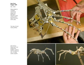 Hero Face
Hugger- AVP
ADI, 2003

Responsible for
complete
mechanical
design and
fabrication.
Featured 3 axes
per leg, with a
total of 30 servo
driven axes.




Top view of mech
during cabling.




Also built six
ﬂoppy and 3 rod
puppet face
huggers. Lead on
two 1/4 scale and
one 1/3 scale
queen puppets.
 
