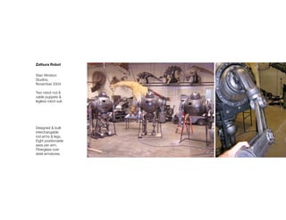 Zathura Robot


Stan Winston
Studios,
November 2004

Two robot rod &
cable puppets &
legless robot suit.




Designed & built
interchangable
rod arms & legs.
Eight positionable
axes per arm.
Fiberglass over
steel armatures.
 