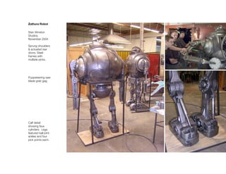 Zathura Robot

Stan Winston
Studios,
November 2004

Sprung shoulders
& actuated rear
doors. Steel
frames with
multiple picks.




Puppeteering saw
blade grab gag.




Calf detail
showing faux
cylinders. Legs
featured ball joint
ankles and four
pick points each.
 