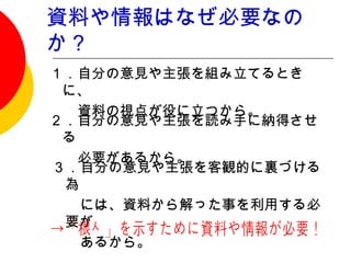 資料や情報はなぜ必要なの
か？
１．自分の意見や主張を組み立てるとき
 に、
　　資料の視点が役に立つから。
２．自分の意見や主張を読み手に納得させ
 る
　　必要があるから。
３．自分の意見や主張を客観的に裏づける
 為
　　には、資料から解った事を利用する必
 要が
　　あるから。
 