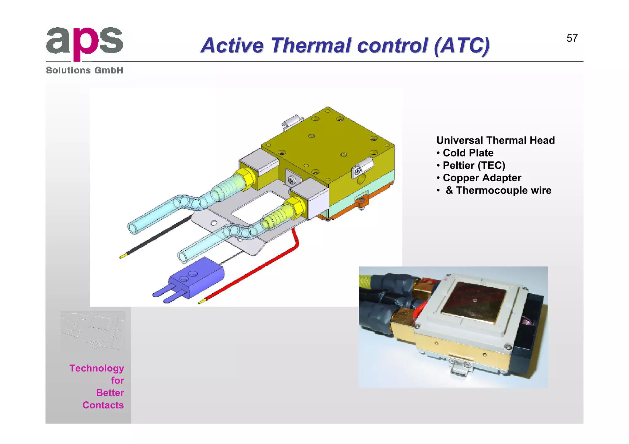 57

aps
Sales & Service GmbH
                       Active Thermal control (ATC)



                                             Universal Thermal Head
                                             • Cold Plate
                                             • Peltier (TEC)
                                             • Copper Adapter
                                             • & Thermocouple wire




     Technology
             for
          Better
       Contacts
 
