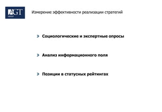 Измерение эффективности реализации стратегий




     Социологические и экспертные опросы



     Анализ информационного поля



     Позиции в статусных рейтингах
 