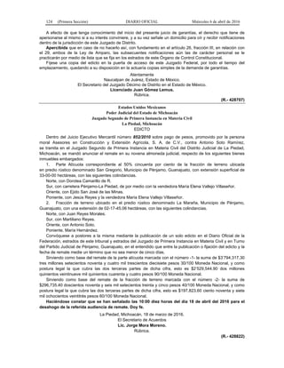 124 (Primera Sección) DIARIO OFICIAL Miércoles 6 de abril de 2016
A efecto de que tenga conocimiento del inicio del presente juicio de garantías, el derecho que tiene de
apersonarse al mismo si a su interés conviniere, y a su vez señale un domicilio para oír y recibir notificaciones
dentro de la jurisdicción de este Juzgado de Distrito.
Apercibida que en caso de no hacerlo así, con fundamento en el artículo 26, fracción III, en relación con
el 29, ambos de la Ley de Amparo, las subsecuentes notificaciones aún las de carácter personal se le
practicarán por medio de lista que se fija en los estrados de este Órgano de Control Constitucional.
Fíjese una copia del edicto en la puerta de acceso de este Juzgado Federal, por todo el tiempo del
emplazamiento, quedando a su disposición en la actuaría copias simples de la demanda de garantías.
Atentamente
Naucalpan de Juárez, Estado de México.
El Secretario del Juzgado Décimo de Distrito en el Estado de México.
Licenciado Juan Gómez Lemus.
Rúbrica.
(R.- 428707)
Estados Unidos Mexicanos
Poder Judicial del Estado de Michoacán
Juzgado Segundo de Primera Instancia en Materia Civil
La Piedad, Michoacán
EDICTO
Dentro del Juicio Ejecutivo Mercantil número 852/2010 sobre pago de pesos, promovido por la persona
moral Asesores en Construcción y Extensión Agrícola, S. A. de C.V., contra Antonio Soto Ramírez,
se tramita en el Juzgado Segundo de Primera Instancia en Materia Civil del Distrito Judicial de La Piedad,
Michoacán, se mandó anunciar el remate en su novena almoneda judicial, respecto de los siguientes bienes
inmuebles embargados:
1. Parte Alícuota correspondiente al 50% cincuenta por ciento de la fracción de terreno ubicada
en predio rústico denominado San Gregorio, Municipio de Pénjamo, Guanajuato, con extensión superficial de
33-00-00 hectáreas, con las siguientes colindancias.
Norte, con Dorotea Camarillo de R.
Sur, con carretera Pénjamo-La Piedad, de por medio con la vendedora María Elena Vallejo Villaseñor.
Oriente, con Ejido San José de las Minas.
Poniente, con Jesús Reyes y la vendedora María Elena Vallejo Villaseñor.
2. Fracción de terreno ubicado en el predio rústico denominado La Maraña, Municipio de Pénjamo,
Guanajuato, con una extensión de 02-17-45.06 hectáreas, con las siguientes colindancias.
Norte, con Juan Reyes Morales.
Sur, con Martiliano Reyes.
Oriente, con Antonio Soto.
Poniente, María Hernández.
Convóquese a postores a la misma mediante la publicación de un solo edicto en el Diario Oficial de la
Federación, estrados de este tribunal y estrados del Juzgado de Primera Instancia en Materia Civil y en Turno
del Partido Judicial de Pénjamo, Guanajuato, en el entendido que entre la publicación o fijación del edicto y la
fecha de remate medie un término que no sea menor de cinco días.
Sirviendo como base del remate de la parte alícuota marcada con el número -1- la suma de $3’794,317.30
tres millones setecientos noventa y cuatro mil trescientos diecisiete pesos 30/100 Moneda Nacional, y como
postura legal la que cubra las dos terceras partes de dicha cifra, esto es $2’529,544.90 dos millones
quinientos veintinueve mil quinientos cuarenta y cuatro pesos 90/100 Moneda Nacional.
Sirviendo como base del remate de la fracción de terreno marcada con el número -2- la suma de
$296,735.40 doscientos noventa y seis mil setecientos treinta y cinco pesos 40/100 Moneda Nacional, y como
postura legal la que cubra las dos terceras partes de dicha cifra, esto es $197,823.60 ciento noventa y siete
mil ochocientos veintitrés pesos 60/100 Moneda Nacional.
Haciéndose constar que se han señalado las 10:00 diez horas del día 18 de abril del 2016 para el
desahogo de la referida audiencia de remate. Doy fe.
La Piedad, Michoacán, 18 de marzo de 2016.
El Secretario de Acuerdos
Lic. Jorge Mora Moreno.
Rúbrica.
(R.- 428822)
 
