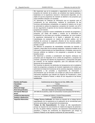 46 (Segunda Sección) DIARIO OFICIAL Miércoles 6 de abril de 2016
10. Supervisar que en la evaluación y seguimiento de los programas y
proyectos de inversión de la cartera, se consideren las mejores prácticas,
basándose en la experiencia nacional e internacional disponible, con el
objeto de que los programas de inversión se destinen a los proyectos que
mayor beneficio otorguen a la sociedad.
11. Administrar los sistemas de información que se requieran para el
cumplimento de sus atribuciones, mediante la coordinación de las
funciones administrativas competentes, en especial el sistema con el que
se administra la cartera de programas y proyectos de inversión, con el fin
de dar seguimiento al ejercicio de los recursos destinados a programas y
proyectos de inversión.
12. Estudiar y proponer nuevas modalidades de inversión de programas y
proyectos, por medio del análisis y revisión de la información en
coordinación con las áreas que considere competentes, así como analizar
la experiencia internacional en el diseño y aplicación de normas y
metodologías de evaluación en materia de inversión pública, con la
finalidad de promover la asignación eficiente de los recursos públicos
destinados a gastos de inversión y la participación de los sectores público,
privado y social.
13. Elaborar la prospectiva de necesidades nacionales de inversión a
mediano y largo plazo de los sectores asignados, mediante el análisis de la
información proporcionada por las Dependencias y Entidades, para que los
recursos públicos se destinen a los programas y proyectos de mayor
beneficio social.
14. Determinar y someter a consideración del Superior Jerárquico los
proyectos para la integración de la cartera de programas y proyectos de
inversión, apoyando las labores de programación y presupuesto del gasto
de inversión, en los sectores asignados, para una adecuada toma de
decisiones de la superioridad.
15. Coordinar la atención de solicitudes de transparencia de la ciudadanía
sobre los programas y proyectos de inversión registrados en la cartera que
administra la Unidad de Inversiones de los sectores asignados, mediante el
cumplimiento a las consultas y requerimientos de información y
documentación que se formulen a la Unidad por parte de los Auditores e
intercambio estadístico que soliciten los Organos de Fiscalización y otras
instancias del Gobierno Federal, a efecto de dar respuesta en las fechas
establecidas.
Nombre del Puesto: Subdirector(a) de los Seguros de Vida, GMM y SSI.
Vacante(s): 1 (Una).
Código: 06-411-1-CFNC003-0000442-E-C-I
Rama de Cargo: Presupuestación.
Nivel (Grupo/Grado): NC3 (del Tabulador de Percepciones Ordinarias).
Percepción Mensual
Bruta:
$47,890.93 (Cuarenta y siete mil ochocientos noventa pesos 93/100 M.N.).
Unidad de Adscripción: Unidad de Política y Control Presupuestario.
Sede(s) o Radicación: Ciudad de México.
Aspectos Relevantes: Trabajo Técnico Calificado: Así mismo se requiere de un trabajo técnico
especializado con la experiencia en la aplicación de la normatividad para
servicios personales y el otorgamiento de prestaciones.
Trabajo de Alta Especialización: Es trabajo de alta especialización
porque se requiere de conocimientos en materia de seguros de personas:
de vida, de gastos médicos mayores y de separación individualizada para
actualizar y mejorar las condiciones de aseguramiento que otorga el
Gobierno Federal, en las mejores condiciones de costo beneficio.
 